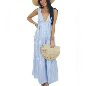 Vine & Love Blue White Striped Maxi Dress Deep V Neck Tiered Skirt Women’s‎ Sz M